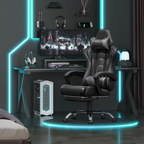 Yaheetech Gaming Chair, Video Game Chair with Massage Lumbar Support and Footrest Height Adjustable Ergonomic Computer Chair with Swivel Seat and Headrest, Full Black