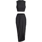 ZAFUL Women's Casual Sleeveless Summer Two Piece Outfits Crop Top and Side Split Draped Ruched Maxi Skirt Set Solid Suiting