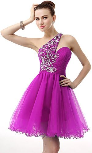 Okaybrial Women's Cocktail Party Dress One Shoulder Tulle Beaded Backless Knee Length Dresses