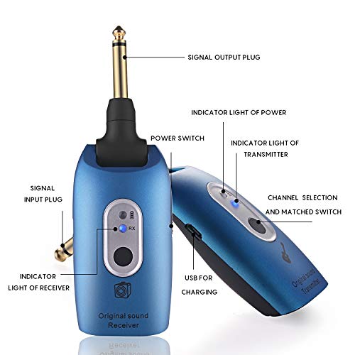 Wireless Guitar Transmitter & Receiver System 2.4G Wireless Audio Rechargeable 164ft Transmission Range for Electric Guitar Bass (Blue)