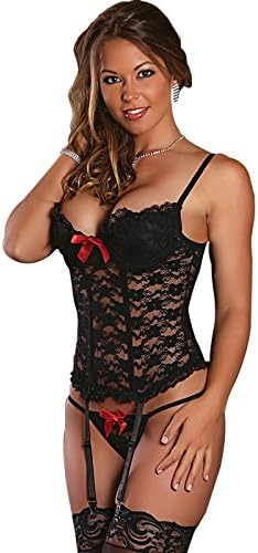 Sweetichic Women Plus Size Sexy Croset Lingerie Sleepwear with G-string and Garter Belts (M, Black)