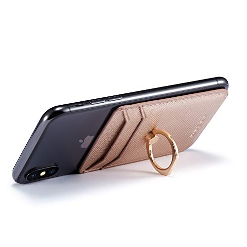 Phone Card Holder with Ring Grip for Back of Phone,Adhesive Stick-on Credit Card Wallet Pocket for iPhone,Android and Smartphones,Rosegold