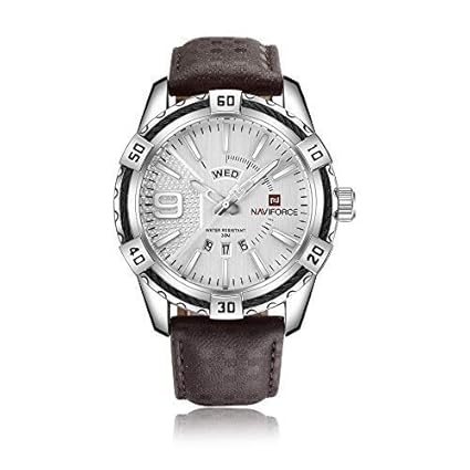 Naviforce NF-9117Brown-White Leather AnalogMens Watch