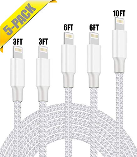 MFi Certified iPhone Charger, Charging Cable, 5Pack (3/3/ 6/6/ 10FT) to Syncing Data and Nylon Braided Cord Charger Compatible with iPhone/XS/XR/X/8/8Plus/7/7Plus/6S/6Plus/Pad More(Silver&White)