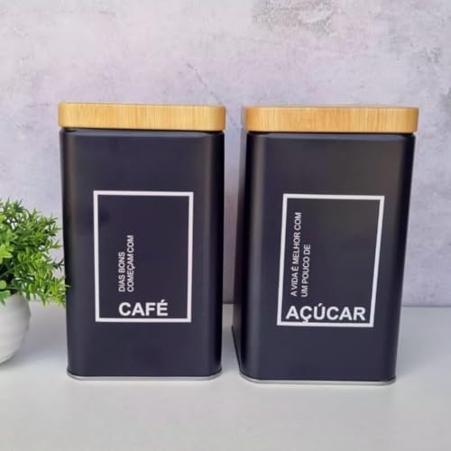 Conjunto de Potes Herméticos para Café e Açúcar Quadrado Metal Preto Fosco com Tampa na Cor Bambu Natural Decorativo Elegante Moderno Sofisticado Resistente e Boa Capacidade de Armazenamento
