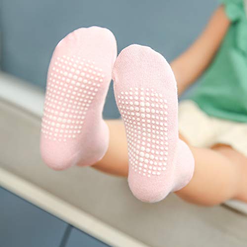 Dicry Girls Ankle Socks Grips Baby Toddler Kids Non Slip Anti Skid 12 Pairs, Stripes Solid, 12-36 Months (Size 4-8)
