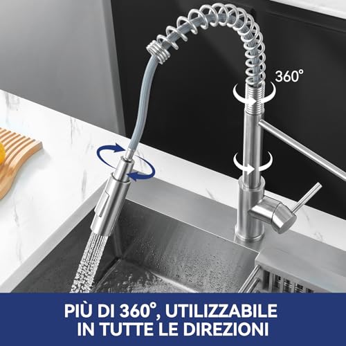 CECIPA Kitchen Sink Tap, Kitchen Mixer Tap with Pull-Out Shower, Kitchen Tap with Two Types of Water Jet, High Arc Kitchen Sink Mixer, Brushed Stainless Steel