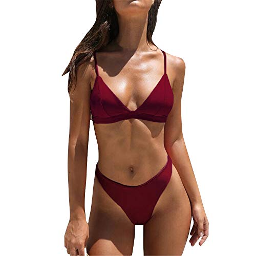 Women Two Pieces Bikini Set Solid Padded Push Up Swimwear Swimsuit Wine Red - Thumbnail 4