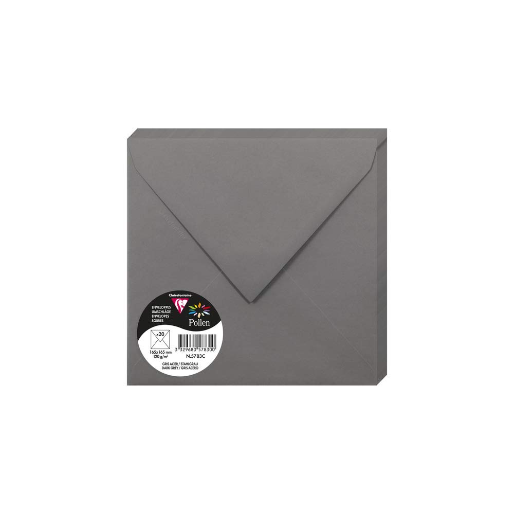 Clairefontaine 5783C Pack of 20 Gummed Envelopes Square Format 16.5x16.5cm 120g/m² Dark Grey Invitation Event Correspondence Pollen Range Premium Smooth Paper