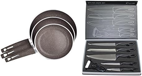 PriorityChef 3 Piece Nonstick Frying Pan Set &amp; 6 Piece Knife Set Bundle, Great Gift for Birthdays, Weddings, and Housewarmings