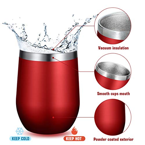 Fungun 12 oz Stemless Wine Tumbler, Stainless Steel Wine Glass, Insulated Tumbler with Lids for Wine, Coffee, Drinks, Cocktails, 2 Sets Including 2 Pieces Straws and Brush (Red) - Thumbnail 2