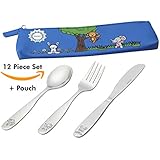 18/10 Stainless Steel Kids Silverware, Child and Toddler Safe Cutlery Flatware - 12 Piece Eating Utensil Set with 4 Knives, 4 Forks, 4 Spoons - Portable Carrying Pouch Included
