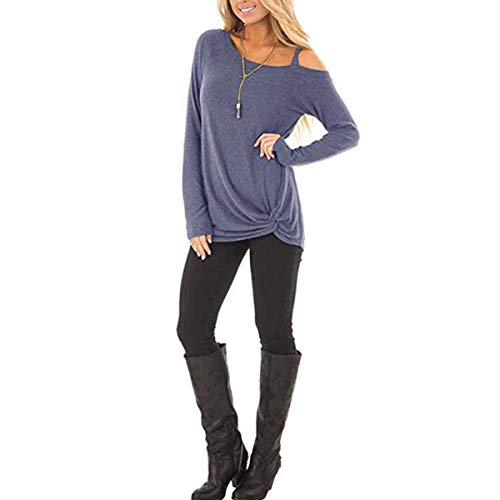 BABEIYXM Women\'s Soild One Shoulder Long/Short Sleeve Tops Tee with Knot Front Shirts Blouses Cold Shoulder,A-Blue,XXL