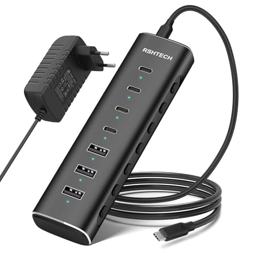 RSHTECH USB 3.2/USB-C Powered 7-Port 10Gbps Hub with 4 USB-C 3.2 Ports and 3 USB-A 3.2 Ports, 3.3 Foot Cable and 36W Adapter (12V/3A), Aluminum USB Hub for Laptop, RSH-H7C4