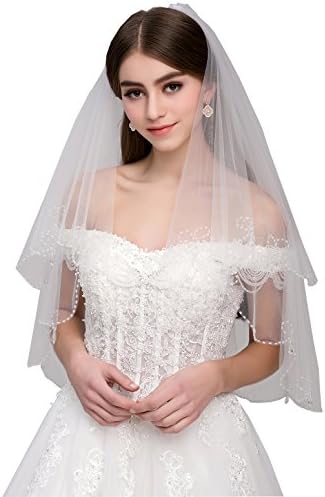Malishow 2 Tiers Beaded Wedding Veil Sequin Pearl Edge Bling Bridal Veils New Ivory