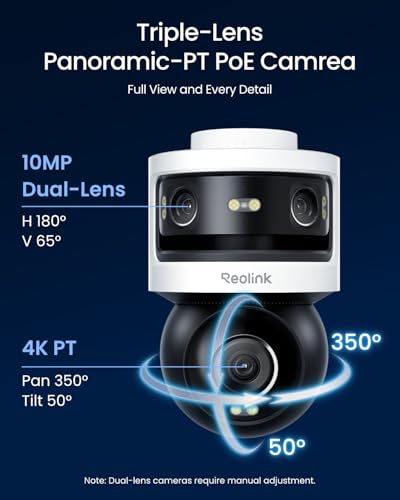 REOLINK Triple-Lens PoE Security Camera Outdoor, 10MP 180° Panoramic & 4K PT with Auto Tracking, AI Video Search, Perimeter Protection, Color & IR Night Vision, 24/7 Recording, OMVI 3i PoE