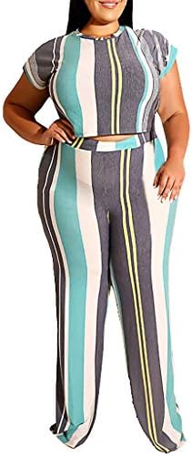 YKARITIANNA Women Sexy Plus Size Stripe Print Short Sleeve Blouse Tops + Trousers Suit Sets