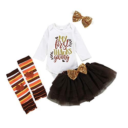 Baby Girl Thanksgiving Outfits Skirt Set Romper Tutu Dress Headband Leg Warmers 4PCS Romper for Newborn Toddler Infant (White, 9-12 Months(100))