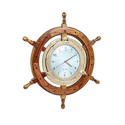 Nagina International Brass Nautical Full Porthole Tim'es Clock Ship Wheel | Pirate's Maritime Vintage 41MmJCG SoL. SS400