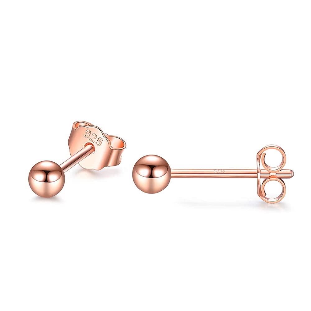 PRETTERY Rose Gold 925 Sterling Silver 4mm Round Ball Stud Earrings for Women Girls