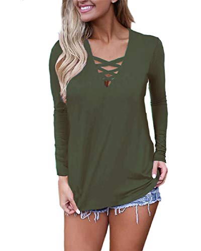Feiersi Women's Long Sleeve Criss Cross Casual Basic up Blouse Army Green XL