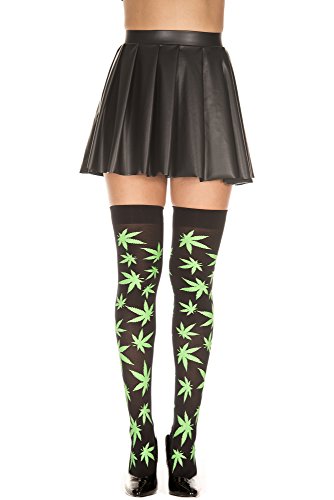 MUSIC LEGS Women's Leaf Print Thigh High, Black/Green, One Size
