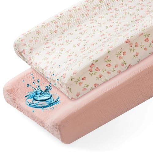Basumee Muslin Changing Pad Cover Waterproof 2 Pack Baby Changing Table Covers for Boys and Girls Soft Breathable Nursery Diaper Change Table Cover Pad Fits 32