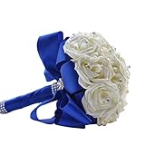 Sarahbridal Royal Blue Crystal Pearl Silk Rose Bridal Wedding Bouquet WF001
