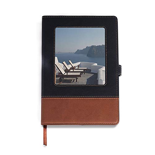 Bound Notebook,Travel Decor,A5(6.1" x 8.6"),Leather Binder Notebook,Sunlounger at Terrace in Santorini Greece Resort Relaxation,