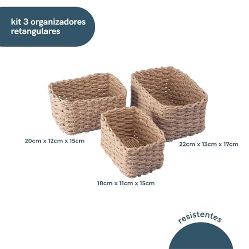 Kit 3 Cestos Organizadores Decorativos em Corda Natural Trançada Cestos Multiuso para Quarto Sala Banheiro e Decoração