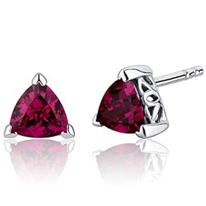 Peora Created Ruby Stud Earrings 925 Sterling Silver, Solitaire Scroll Gallery, 2 Carats Total Trillion Shape 6mm…