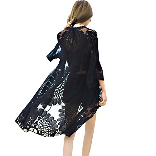 Shermie Women s Floral Crochet Lace Beach Swimsuit Cover Ups Plus Size Long Kimono Cardigan Black, One Size