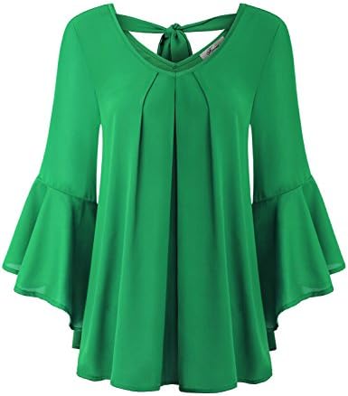 JCZHWQUWomen's Cute V Neck 3/4 Bell Sleeve Pleated Front Chiffon Blouse