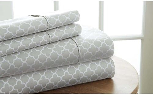 4 Piece Girls Silver Grey Quatrefoil King Sheet Set, Light Gray White Color Lattice Trellis Pattern Deep Pocket Design, Kids Bedding Modern Traditional Geometric Themed Teen, Microfiber Polyester