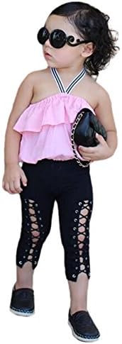 3pcs Baby Kids Girls Sleeveless Halter Ruffle Tops+ Hole Cut Bandage Tie Jeans Pants Outfit 1-6T (4-5 Years, Pink)