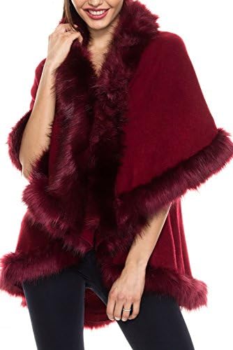 KAYLYN KAYDEN KLKD Women's Faux Fur Trimmed Open Front Soft Knit Cape