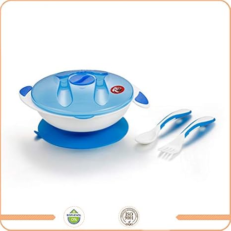 GURU KRIPA BABY PRODUCTS Presents Baby Kids Feeding Dish with Cover Spoon & Fork- Traveltime Feeding Food Storage Container Unbreakable Portable Dispenser Bowl with Vacuum Suction Hold (Blue)