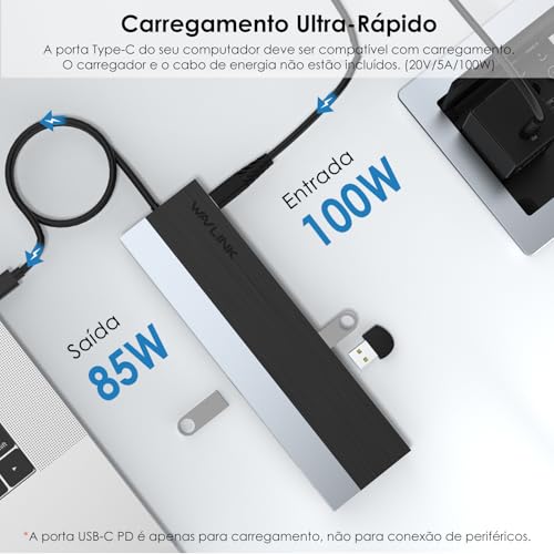 WAVLINK Estação de ancoragem USB C 3 monitores, estação de acoplamento com dual HDMI DP 100 W PD, USB3.0 e 2.0, RJ45, slots SD/TF, áudio/microfone, compatível apenas com computador Windows