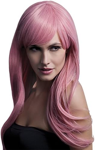 Smiffys Fever Sienna Wig, Pastel Pink Long Feathered with Fringe, 66cm / 26in, Fever Wigs Fancy Dress, Fever Dress Up Wigs