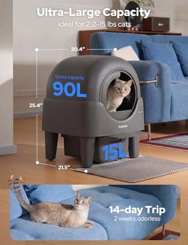 Kveode Automatic Self Cleaning Cat Litter Box, 90L Large Capacity for Cats 2.2-15 lbs, APP Control with Smart Safety Sensors, Quiet Operation, Easy Clean Detachable Globe, Grayish Black