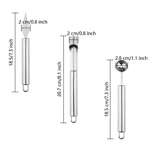 YOBAYE Melon Baller Scoop Fruit Carving Knife Apple Pear Corer Seed Remover Tool-3 Piece Stainless Steel Fruit Tool Set