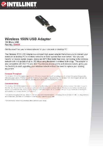 Intellinet IEEE 802.11b, IEEE 802.11g, IEEE 802.11n Wireless 150N USB Adapter (524438)