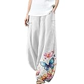 domirica Harem Pants Women Floral Printed Wide Leg Casual Cotton Linen High Waist Summer Beach Trousers with Pockets