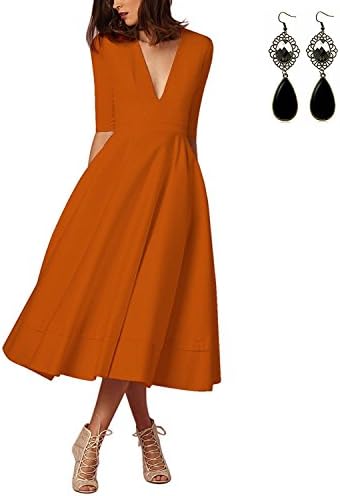 Sitengle Elegant Women Deep V Neck Long Evening Cocktail Formal Swing Dress
