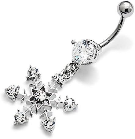 ICYROSE316L Surgical Grade Stainless Steel Crystal w/Dangling Crystal Snowflake w/CZ Center 16G Body Barbell 29689