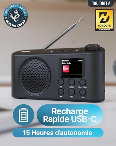MAJORITY Orwell Pro Portable Dab/Dab+ Radio with Bluetooth, FM, 40 Presets, 15H Battery Life, USB-C Rechargeable Battery, Sleep Timer, Equalizer, Portable Dab Radio