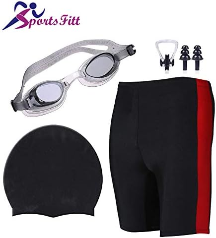 SportsFitt Swimming Combo Kit Regular Fit (28in to 34in) Swimming Short, Goggles, Silicone Cap, 2Pc Ear Plugs, 1 Pc Nose Clip, Swimming Suit