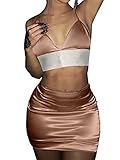 TOB Women's Summer Sexy 2 Piece Bodycon Slip Satin Skirt Set Mini Dress Pink