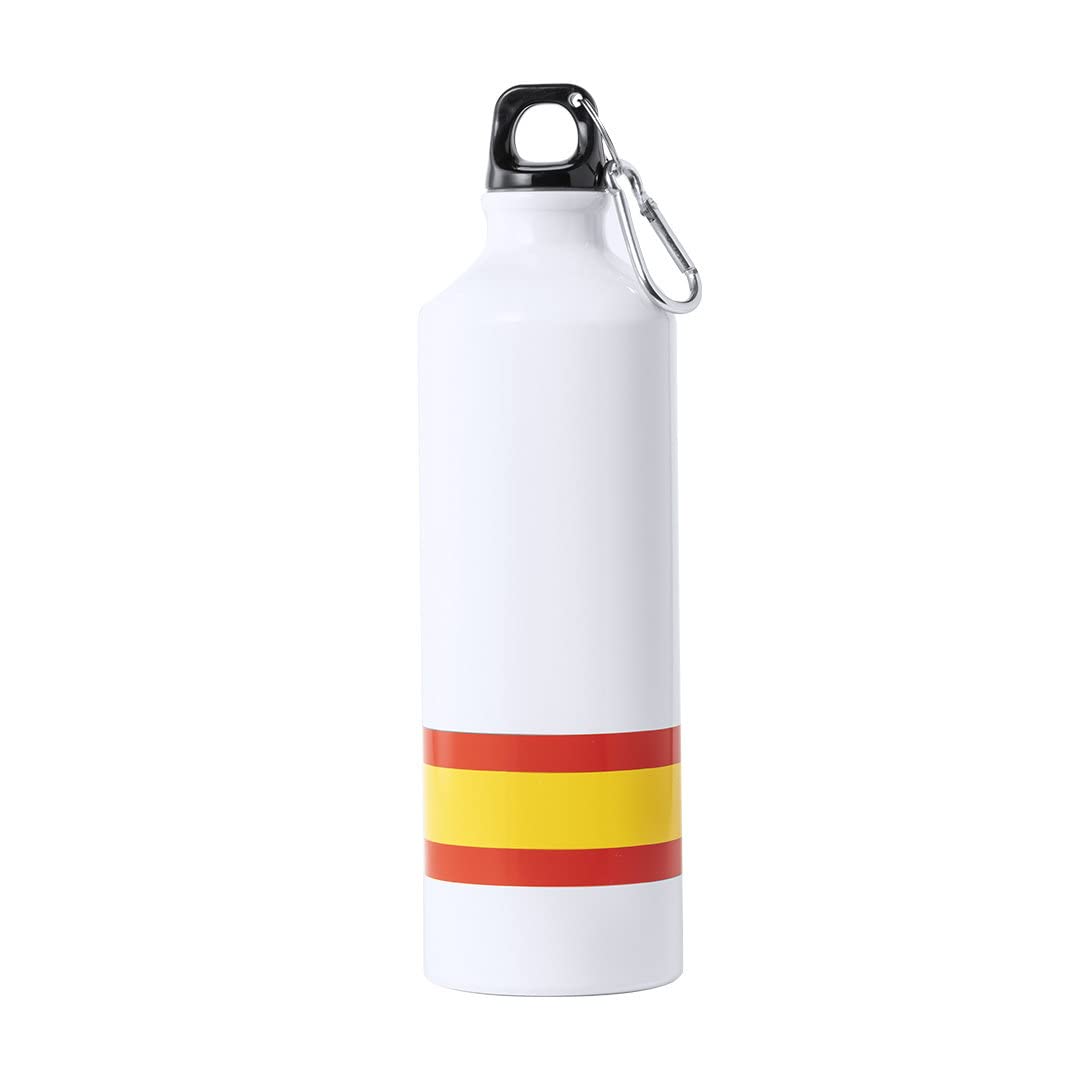 Makio White Water Bottle with Spain Flag. 800 ml aluminum bottle, with BPA-free screw safety cap, and carrying carabiner.