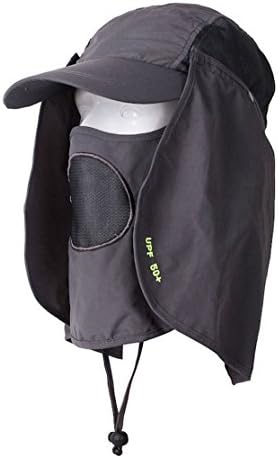 Gray UV 50+ Protection Outdoor Multifunctional Flap Hat Neck Protection Cap with Removable Sun Shield and Mask Perfect for Fishing Hiking Garden Work Activities